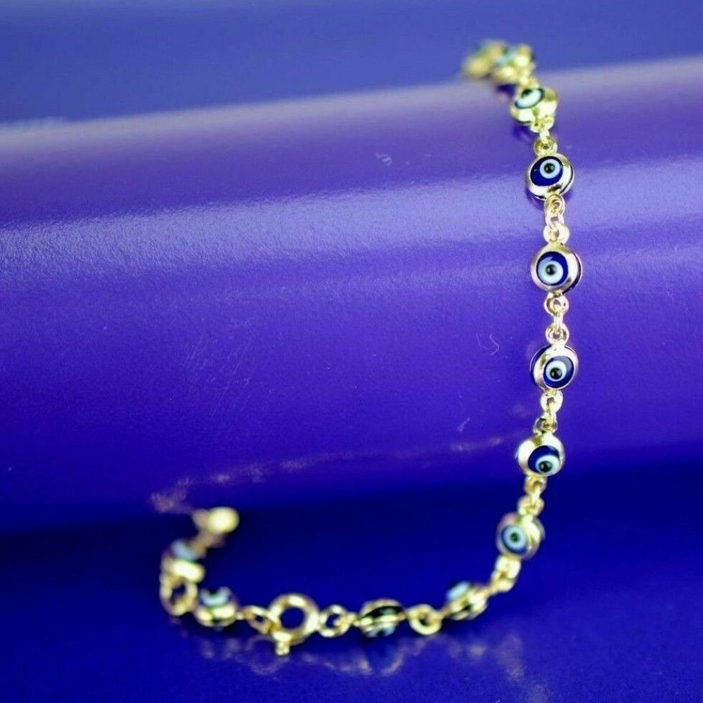 Solid 14k Yellow Gold Evil Eye 6" Bracelets - image 6